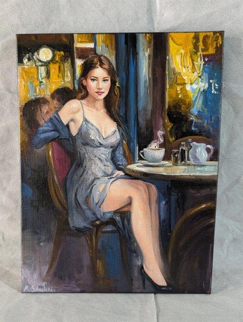 Marco Santini (XX-XXI) - Riflessioni al caffè, Antiek en Kunst, Kunst | Schilderijen | Klassiek