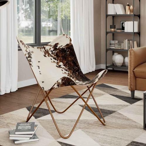 vidaXL Vlinderstoel echt rundleer bruin en wit, Huis en Inrichting, Fauteuils, Nieuw, Verzenden
