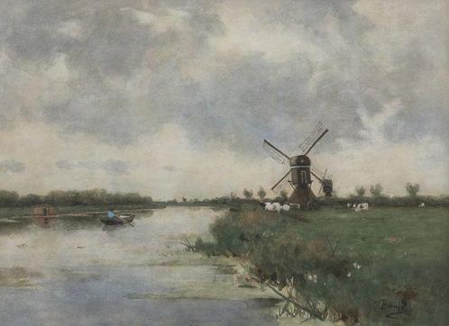 Victor Bauffe (1849-1921) - Molen langs een poldervaart, Antiquités & Art, Art | Peinture | Classique