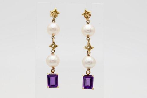 Boucles doreilles - 18 carats Or jaune Perle - Améthyste, Handtassen en Accessoires, Oorbellen