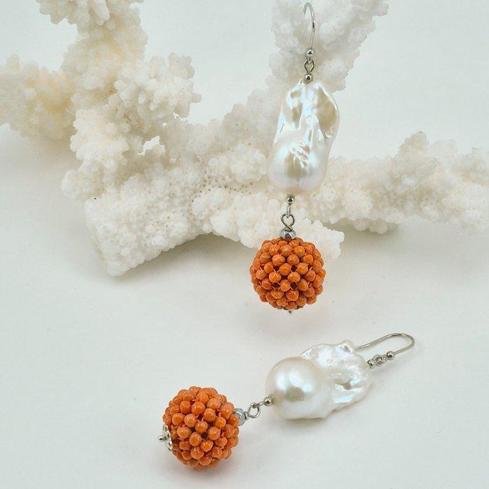 Bloedkoraal - Zilver - Oorbellen - Parels en koraal Sciacca, Antiek en Kunst, Curiosa en Brocante