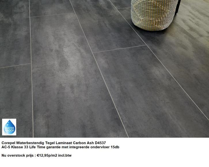 Waterbestendig Tegel Laminaat Carbon Ash €12,95p/m2 inc.btw, Huis en Inrichting, Stoffering | Vloerbedekking, Grijs, Zwart, 75 m² of meer