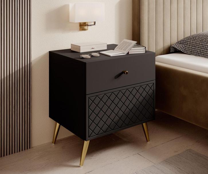 Meubella Nachtkastje Tadeo zwart 2 lades goud, Huis en Inrichting, Kasten | Overige, Nieuw, Verzenden