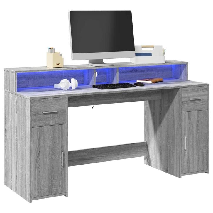 vidaXL Bureau met LED-verlichting 160x55x91 cm hout grijs, Huis en Inrichting, Bureaus, Nieuw, Verzenden