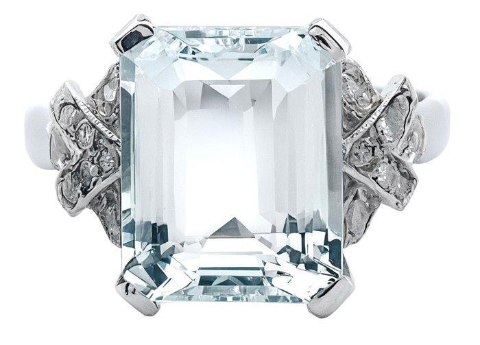 Zonder minimumprijs - Ring Platina Aquamarijn - Diamant, Handtassen en Accessoires, Ringen