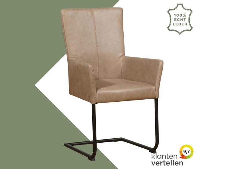 Leren eetkamerstoel Dry met armleuning - Vintage Taupe, Huis en Inrichting, Stoelen, Bruin, Eén, Nieuw, Leer, Ophalen of Verzenden