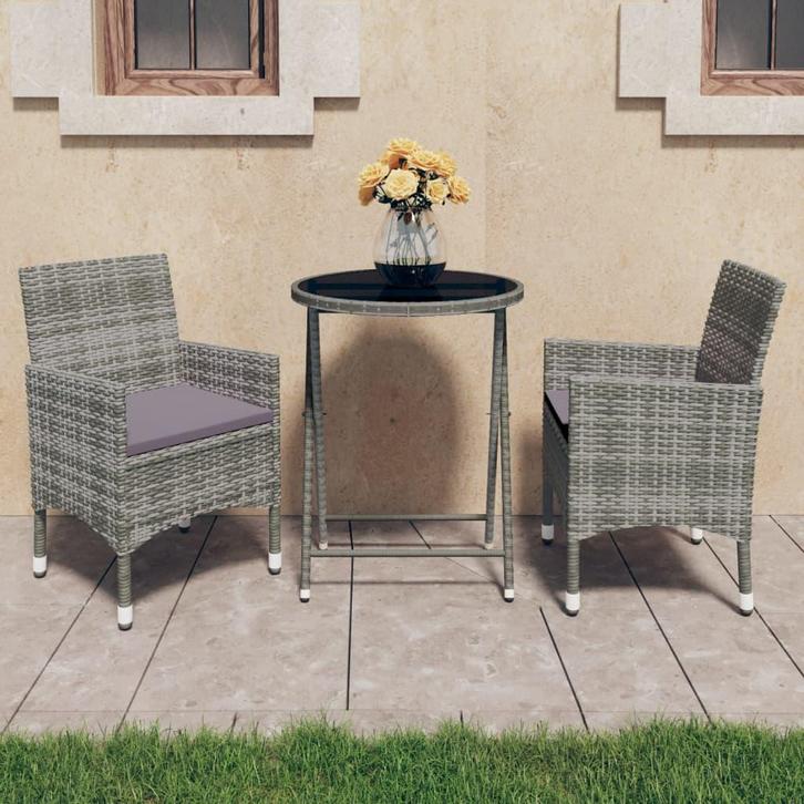 vidaXL 3-delige Bistroset poly rattan en gehard glas grijs, Tuin en Terras, Tuinsets en Loungesets, Nieuw, Verzenden