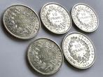 Frankrijk. Lot van 5 zilveren munten (10 Francs en 50 Francs, Postzegels en Munten