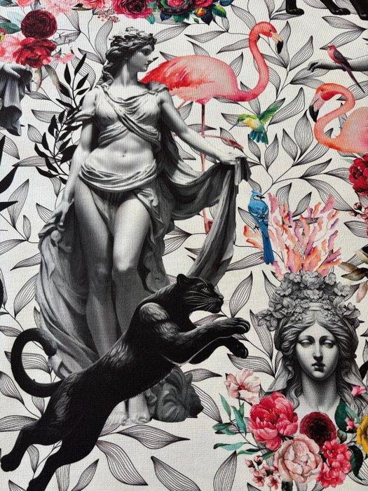 Oude Griekse standbeeld met panter en flamingo. 100% katoen, Antiek en Kunst, Antiek | Tapijten, Tafelkleden en Textiel