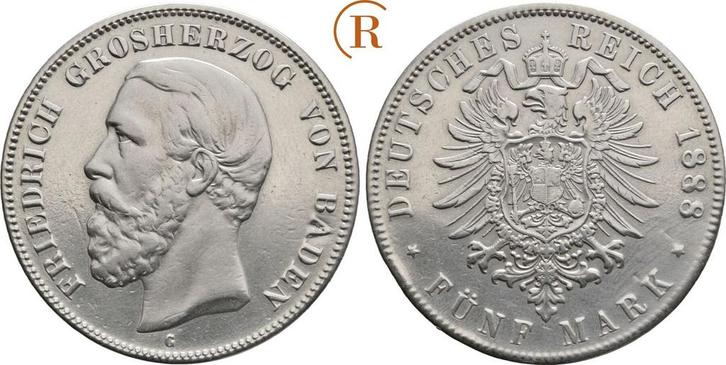 5 Mark 1888 G Kaiserreich: Baden: Friedrich I, 1856-1907:, Postzegels en Munten, Munten | Europa | Niet-Euromunten, België, Verzenden