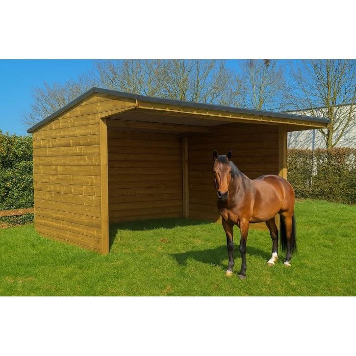 Abri de prairie en bois pour cheveaux 6x3m + avancée, Dieren en Toebehoren, Stalling en Weidegang