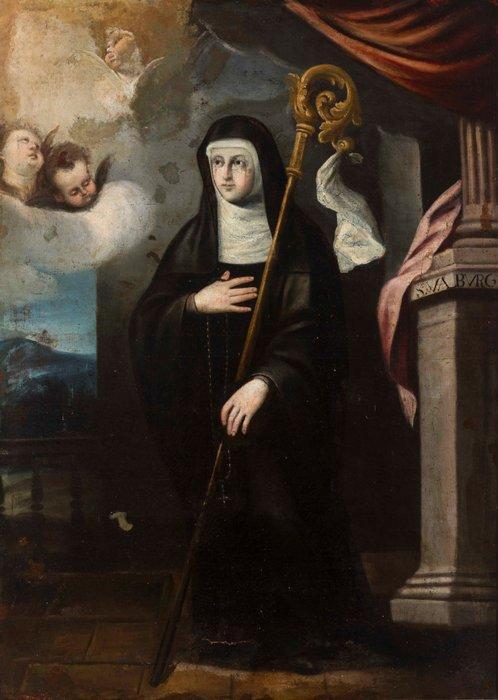 Madrid school (XVII) - Saint Walburga, Benedictine Abbess, Antiquités & Art, Art | Peinture | Classique