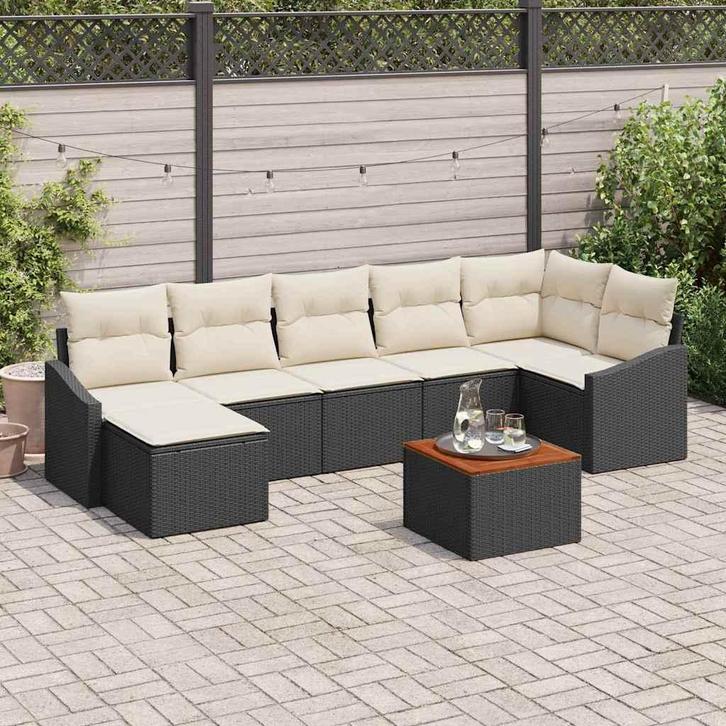 vidaXL Tuinbank Set met kussen 8 pcs Zwart Poly rattan, Tuin en Terras, Tuinsets en Loungesets, Nieuw, Verzenden