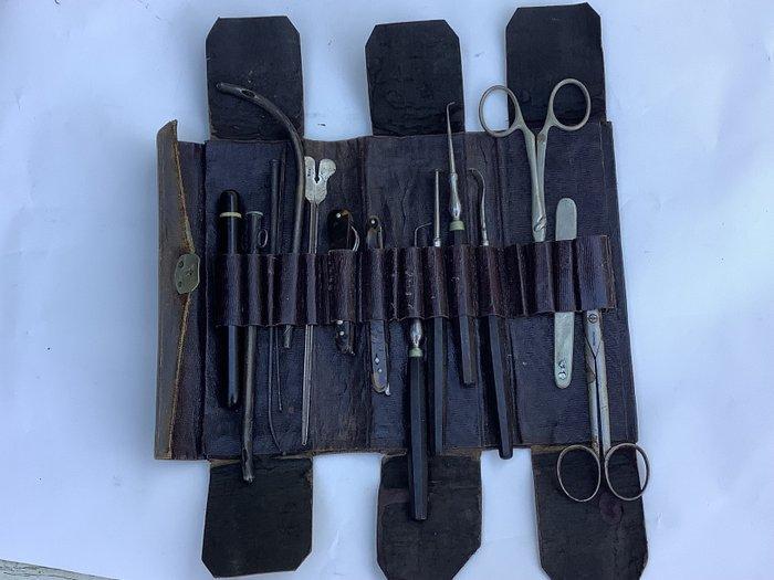 Chirurgische instrumenten - leer, metaal, ebbenhout, schub -, Antiek en Kunst, Curiosa en Brocante