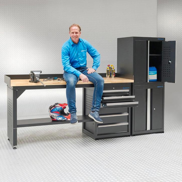 Datona Werkbank 200 cm 2 kast deuren 1 kast lades bamboe -, Doe-het-zelf en Bouw, Werkbanken, Ophalen of Verzenden