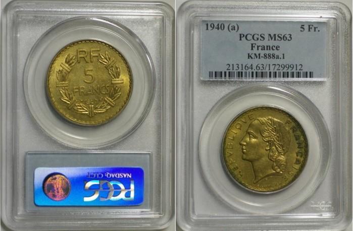 France Frankreich Km 888 5 Francs 1940 Typ Lavrillier Pcg..., Postzegels en Munten, Munten | Europa | Niet-Euromunten, België