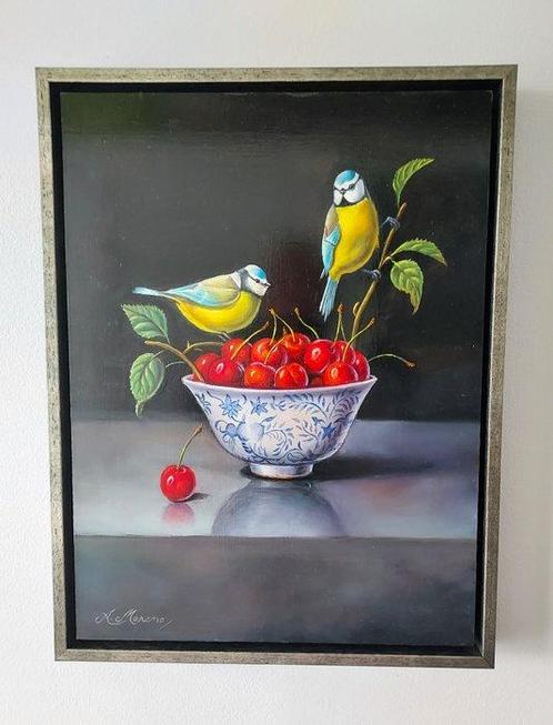 Alfonso Moreno (1947) - Schaaltje kersen en pimpelmeesjes, Antiek en Kunst, Kunst | Schilderijen | Klassiek