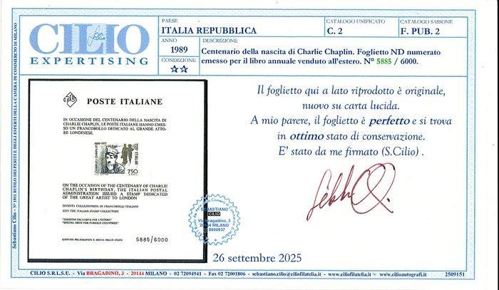 Italiaanse Republiek 1989 - Minifoglio Chaplin nummer 5885, Postzegels en Munten, Postzegels | Europa | Italië