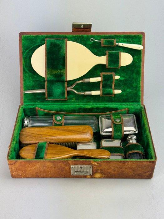 Vintage Toiletset - Leder, Metaal, Glas - Mannelijk met, Antiek en Kunst, Curiosa en Brocante