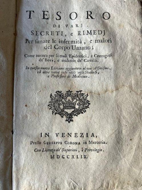 Giuseppe Corona - Tesoro di vari segreti e rimedi per sanare, Antiquités & Art, Antiquités | Livres & Manuscrits