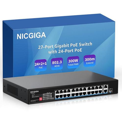 Nicgiga 24 poorten - gigabit PoE switch - 300W - 2 gb up -, Bricolage & Construction, Électricité & Câbles, Envoi