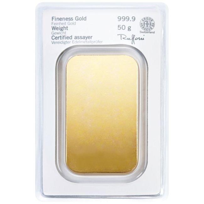 50 gram - Goud - .9999 - Heraeus - Verzegeld en met, Postzegels en Munten, Edelmetalen en Baren