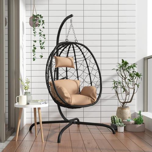 vidaXL Hangstoel met kussen poly rattan en staal taupe, Tuin en Terras, Overige Tuin en Terras, Nieuw, Verzenden