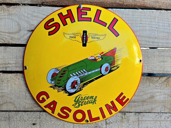 Shell Gasoline green streak Vintage Emaille Bord, Verzamelen, Merken en Reclamevoorwerpen, Verzenden