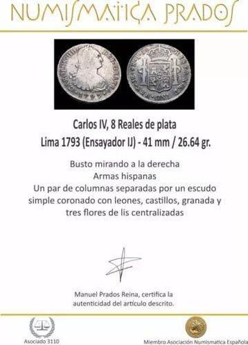 Espagne. Charles IV. 8 Reales Lima 1793 (Ensayador IJ) (Sans