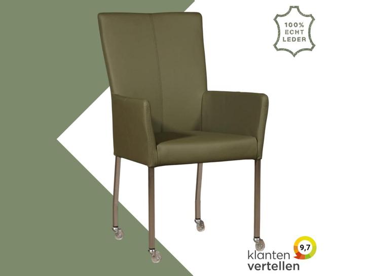 Leren eetkamerstoel Deal met armleuning - Toledo Olive, Huis en Inrichting, Stoelen, Overige kleuren, Eén, Nieuw, Leer, Ophalen of Verzenden