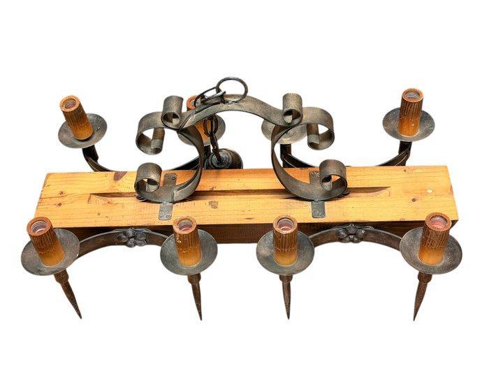 Lampe à suspendre - Six Lumières - Fer, Bois - Araignée, Antiek en Kunst, Curiosa en Brocante