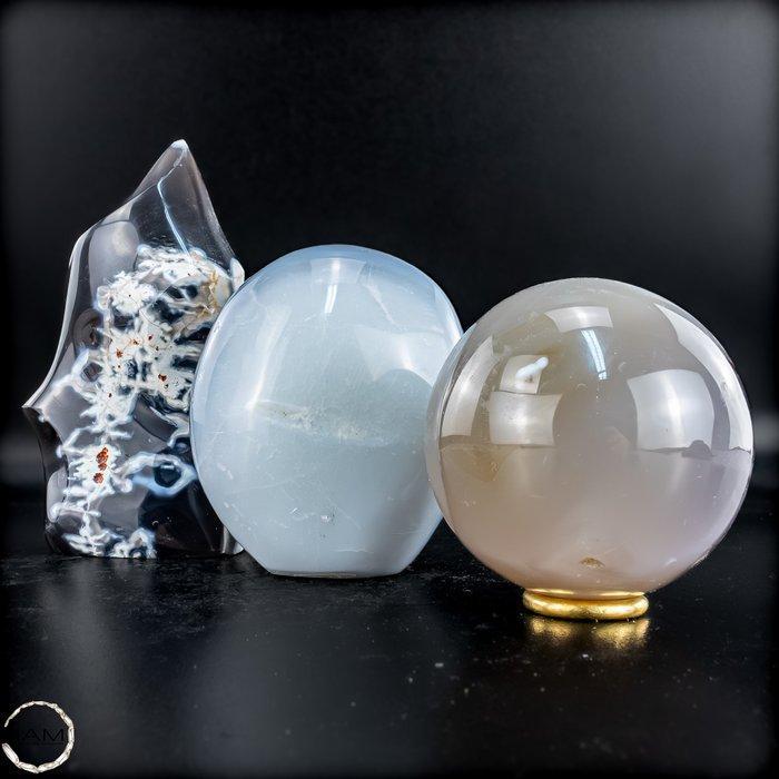 Natuurlijke Orca Agaat Set uit vlam, freiform en kugel.-, Collections, Minéraux & Fossiles