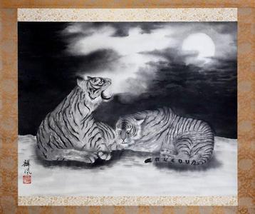 Ink Painting - Two Fierce Tigers in the Moonlight - hanging, Antiek en Kunst