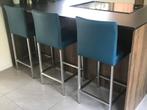 Set van 3 leren barstoelen - blauw leer - Echt leer, Modern,, Huis en Inrichting, Stoelen, Overige kleuren, Nieuw, Leer, Ophalen of Verzenden