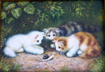 European school XXe - Paysage de campagne et chatons