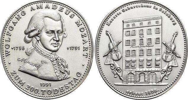 Ovale Ar-medaille 1991 Musik Mozart, Wolfgang Amadeus 175..., Postzegels en Munten, Penningen en Medailles, Verzenden