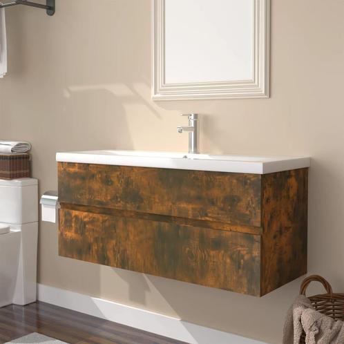 vidaXL Meuble lavabo avec bassin intégré Chêne fumé Bois, Maison & Meubles, Tables | Coiffeuses, Neuf, Envoi