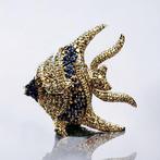 Broche Vintage 18k gouden diamanten saffier visbroche, Handtassen en Accessoires, Antieke sieraden