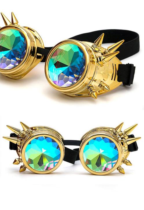 Goggles Steampunk Bril Spikes Goud Montuur Caleidoscoop Glaz, Hobby en Vrije tijd, Feestartikelen, Nieuw, Ophalen of Verzenden