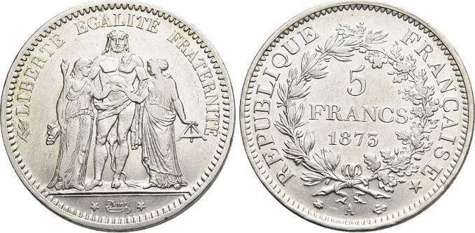 5 Francs 1873 A Frankreich 3 Republik 1870-1940, Postzegels en Munten, Munten | Europa | Niet-Euromunten, België, Verzenden