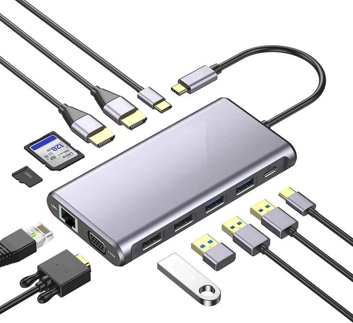 DrPhone MD1 12 in 1 Multipoort USB C HUB 4K - 3 Schermen -, Computers en Software, Overige Computers en Software, Nieuw, Verzenden