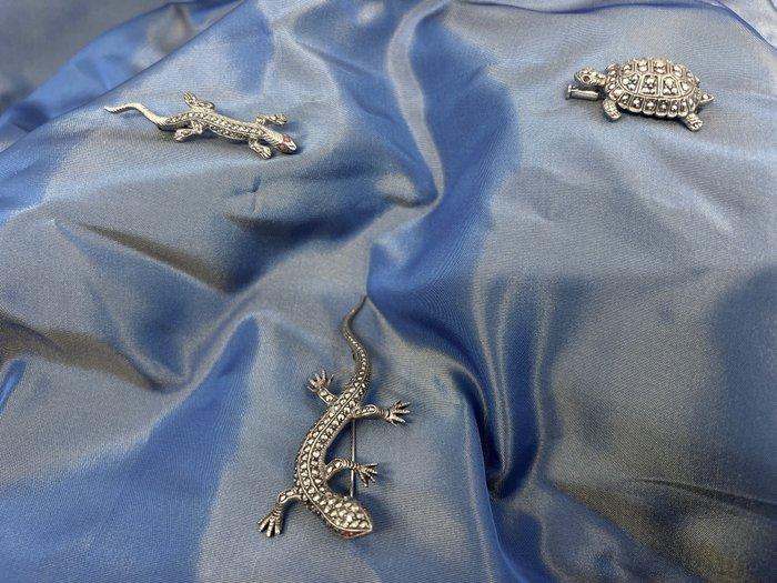 Zilver - Broche - Lizards & Turtle Zilver, Antiek en Kunst, Antiek | Zilver en Goud