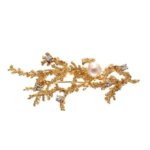 18 krt. Gouden koraal broche met parel en diamanten 0,35 ct., Bijoux, Sacs & Beauté, Broches, Enlèvement ou Envoi