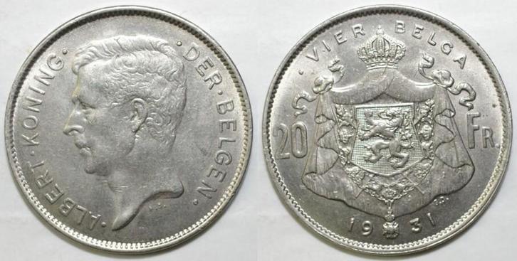 Belgique Belgie Km 101 20 Francs 1931 Kante A Albert 1 Fl..., Postzegels en Munten, Munten | Europa | Niet-Euromunten, België