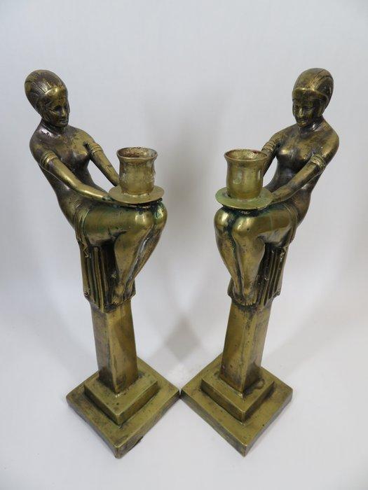 kandelaar met dame - Kandelaar - Messing, Antiek en Kunst, Curiosa en Brocante