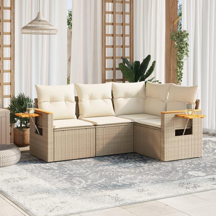 vidaXL 4-delige Loungeset met kussens poly rattan beige, Tuin en Terras, Tuinsets en Loungesets, Loungeset, Nieuw, Verzenden