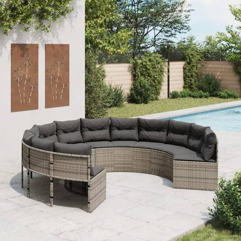 vidaXL Tuinbank met kussens rond poly rattan grijs, Tuin en Terras, Tuinsets en Loungesets, Nieuw, Verzenden