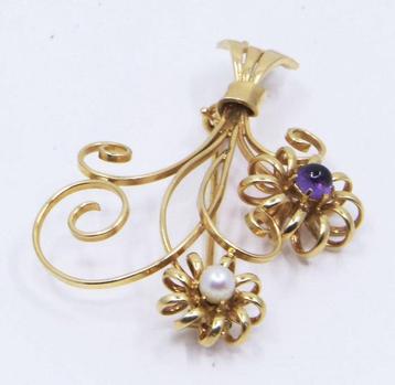 Broche - 18 carats Or jaune Perle - Améthyste - Broche