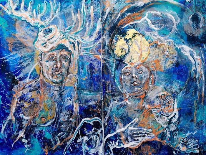 Adélaïde Leferme - couple bleu amour adam eve forest night, Antiek en Kunst, Kunst | Schilderijen | Modern