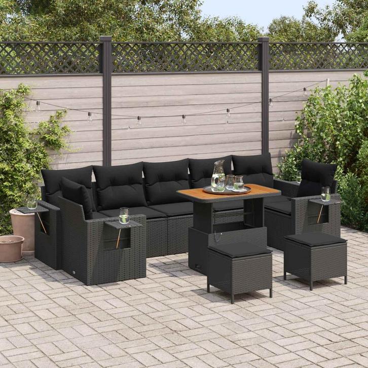 vidaXL Tuinbank Set met kussen Zwart poly rattan, Tuin en Terras, Tuinsets en Loungesets, Nieuw, Verzenden